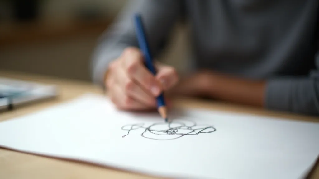 Close-up of hand holding mechanical pencil over watercolor paper with light composition lines