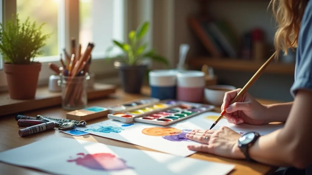 Artist hands holding watercolor brush over an open palette tin, working on a landscape painting in natural light from window