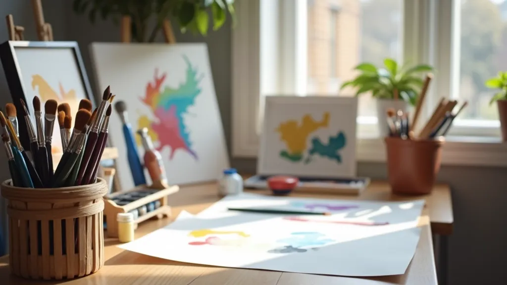 Artist workspace with watercolor paintings, brushes, and sketchbooks on a light wooden table with natural studio lighting