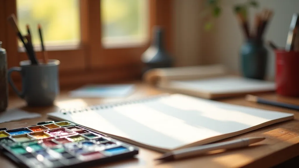 Artist workspace with watercolor paints, brushes, and sketchbook on wooden table