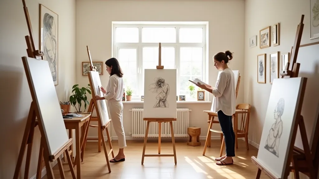 Group of students of various ages working on watercolor paintings in a bright, well-lit creative studio space