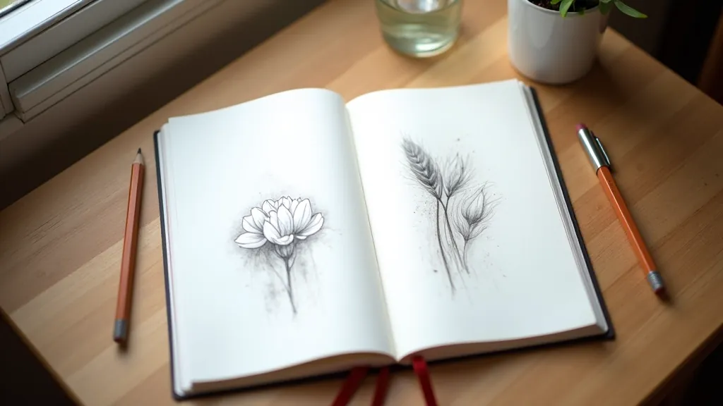 Sketchbook with pencil drawings and watercolor studies of simple shapes