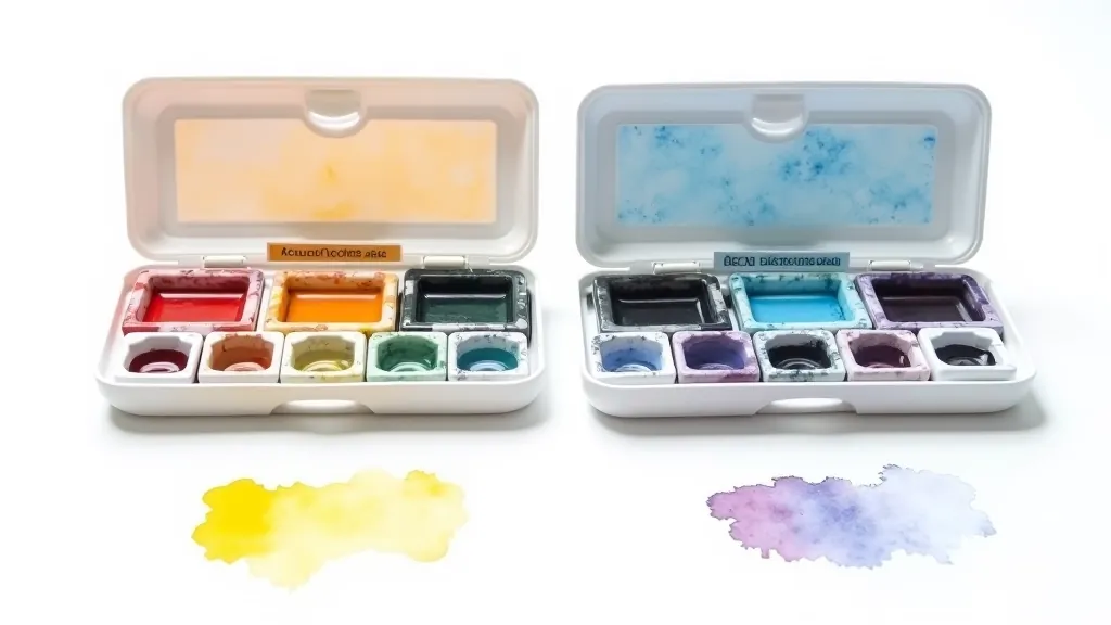 Comparison of student-grade and professional-grade watercolor sets side by side, showing color richness and pigment density differences