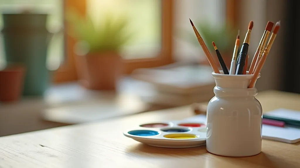 Watercolor brushes of various sizes arranged next to a ceramic palette with mixed colors and water containers