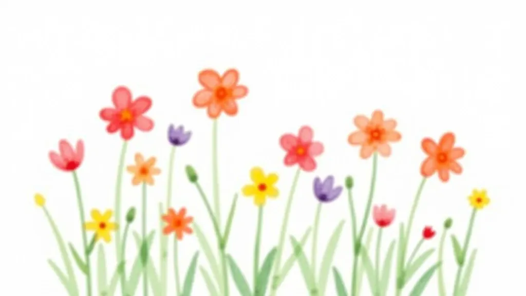 Loose watercolor painting of wildflowers with simple brushstrokes in reds, yellows, and purples among green stems